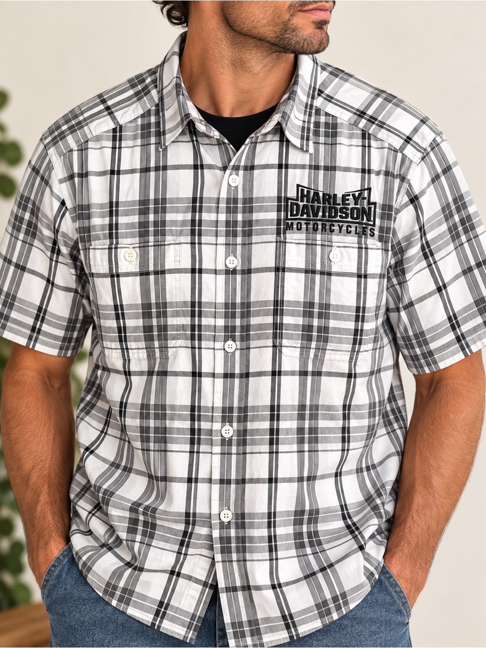 Harley-Davidson Men’s L Plaid Tribal Flames Embroidered Shirt 2014 #487